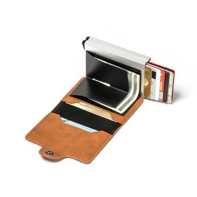 China O008 fashion double side anti theft noise pocket rfid custom slim aluminum automatic unisex portable wallet leather card holder for sale