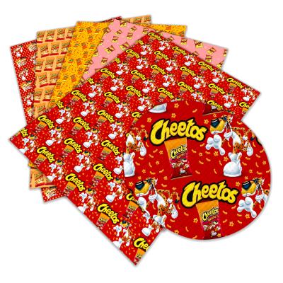 China Waterproof Faux Leather Sheet Printed Cheetos Food Faux Leather Covers A4 For Hair Bows Earings for sale