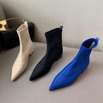 China New Fancy Anti-odor Botines De Cuero Con Tacon Silk Fabric Low Elastic Summer Heel Women Female Ankle Boots for sale