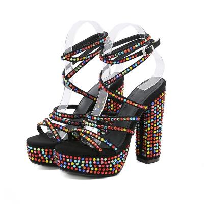 China Colorful Anti-Smell Rhinestone Platform Pumps Square Toe Buckle Strap Summer Fashion Elegant Women Shoes Party Chunky High Heels for sale