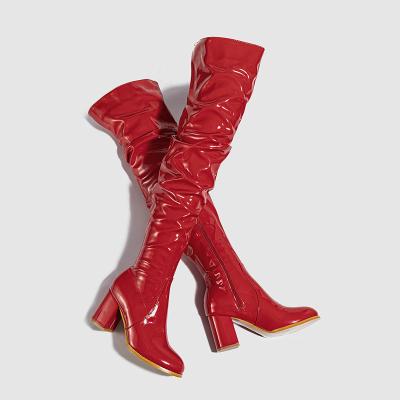 China 2023 Sexy Elastic Chunky Heel Quick-drying Patent Leather Over The Knee Ladies Fashion Female Casual Heels Woman Long Boots for sale