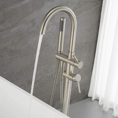 China Without Slide Bar Round Floor Tub Free Standing Filler Bathtub Faucet Brushed Nickel Faucets Shower Bathtub Mixer Floor Mounted Bathtub Shower for sale