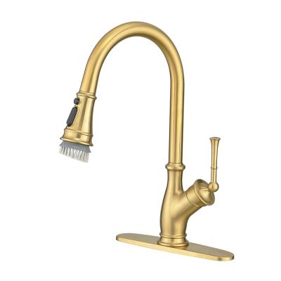 China Pull Down Kitchen Faucet FLG: Commercial Kitchen Sink Faucets NG1177 Hose Pull Down Sprayer Sink Faucet Wear Brush Head Brushed Gold Kitchen Faucet for sale