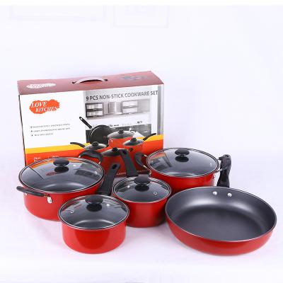 China Sustainable Delicate Red Cookware Set Cooking Pots 5 Piece Set Nonstick Fry Pan Holiday Gift Giving Kitchen Set for sale