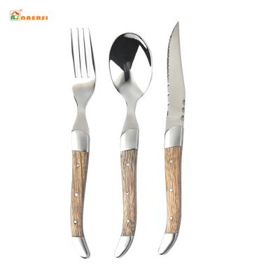 China Sustainable Wooden Handle Steak Knife Spoon Fork Set Stainless Steel Flatware Set Western Dinnerware Set for sale