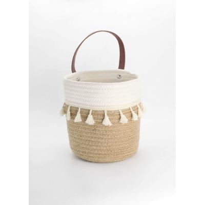 China Durable Two Piece Wall Hanging Bohemian Basket with Leather Tassel Cotton Rope Basket Handle Flower Pot Basket for sale