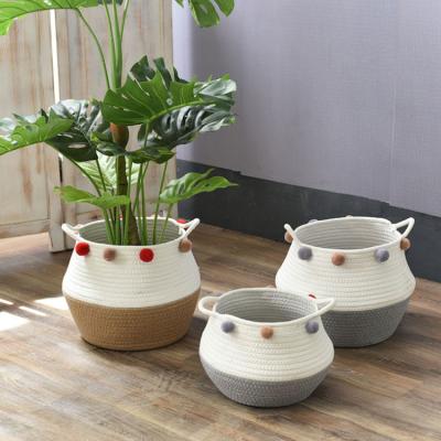 China Sustainable Woven Green Plant Pot With Hair Ball Cotton Rope Storage Basket for sale