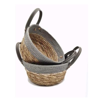 China Sustainable Plant Desktop Potty Natural Seaweed Storage Basket With Leather Handle for sale