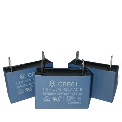 China CBB61 Condensador de aire acondicionado con motor 450V 1.5UF SH Clase B RoHs Blue Shell en venta