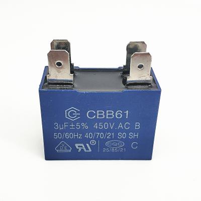 China 450V 3.0UF Ventilator Motor Run Capacitor CBB61 Vier Quick Connect Terminal Beschermd 10000AFC Te koop