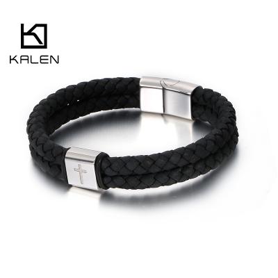 China Fashion KALEN Two Layers Truth Cowhide Leather Cross Bracelet For Men for sale