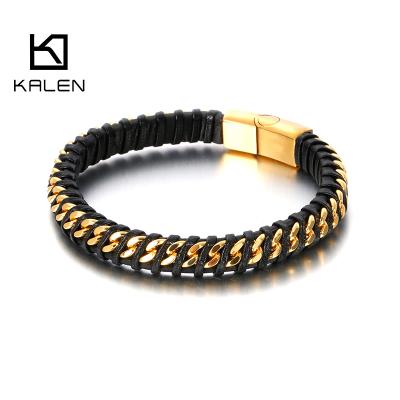 China FASHIONABLE Simple Titanium Cowhide Leather KALEN Gold Restriction Bracelet Steel Men for sale