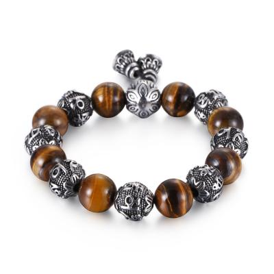 China KALEN Fashion Trendy Tiger Eye Stainless Steel Bead Bracelet Men for sale