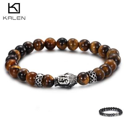 China Wholesale Fashion Trendy Men's KALEN Buddha Head Prayer Bracelet Titanium Steel Stone Tiger Eye Lava Bead for sale