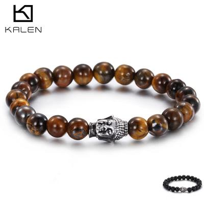 China KALEN Trendy Black Glass Bead Bracelet Male Tiger Eye Stone Buddha Head Bracelet Fashion Men Bracelet for sale