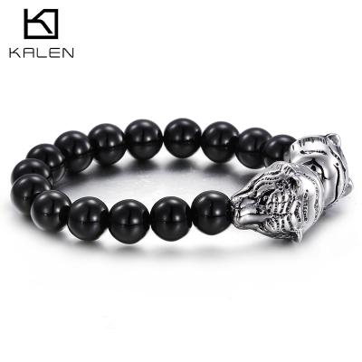 China KALEN FASHIONABLE Glass Bead Bracelet Black Male Lion Charm Mens Bangle Stainless Steel for sale