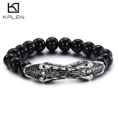 China KALEN FASHIONABLE Glass Bead Bangle Black Male Stainless Steel Dragon Charm Mens Bangle for sale