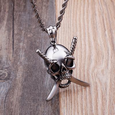 China FASHIONABLE KALEN color stainless steel punk rock double silver skull knife main pendant necklace for men for sale