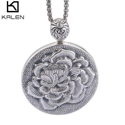 China FASHIONABLE KALEN Fashion Round Retro 925 Sterling Silver Pendant Glossy Shaped Lotus Pattern For Men pendant for sale