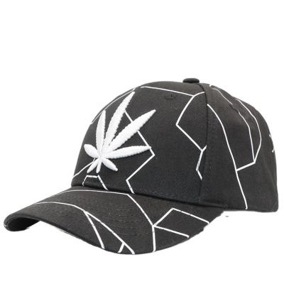 China COMMON Black/White Curved Bill Baseball Cap Hat, Adjustable Cotton Sports Hat, Weed Embroidered Leaf and Wavy Stripes for sale