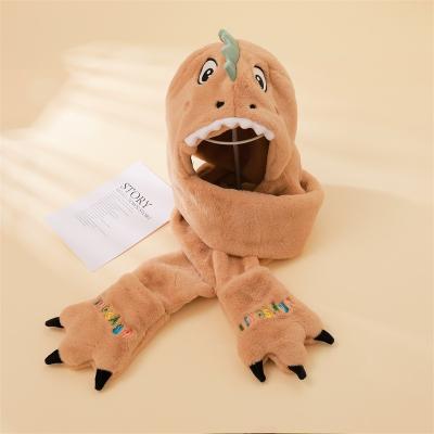 China Cute Cartoon Dinosaur Plush Scarf Warm Children's Long Winter Thick Fur Hat Scarf With Hat for sale