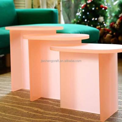 China (Other) Jiacheng adjustable customized acrylic coffee table pink frosted acrylic dinner table for home for sale