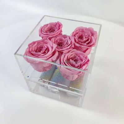 China Wedding Jiacheng Wholesale Acrylic 9 Small Clear Roses Square Clear Flower Gift Box For Valentine's Day for sale