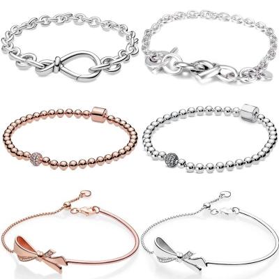 China CLASSIC 925 Sterling Silver Infinity Knot Heart Shaped Pink Bead Paving Charm Crystal Sliding Bracelet Suitable for Women's Parties for sale