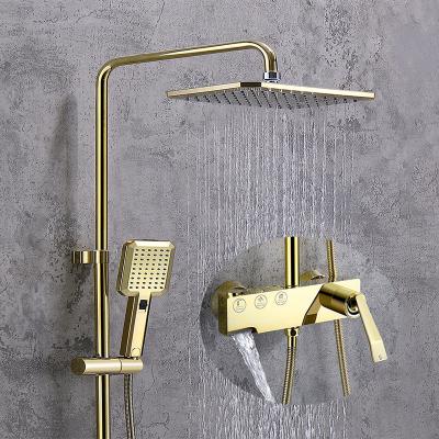 China With Slide Bar Bathroom Shower Set Mixer Shower Head Massage Jet Hydraulic Power Rainfall Shower Set Golden Gold for sale