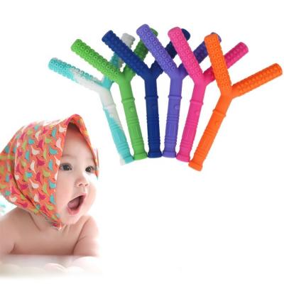 China Battery Operated BPA Free Baby Sensory Soft Teether Silicone Y Shape Teething Toy for sale