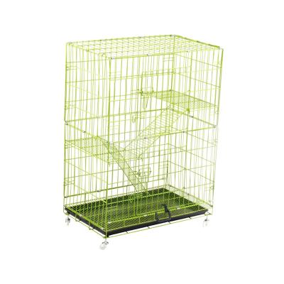 China Breathable Rose Red Metal Folding Portable Cat Cage With Wheels Pet Crate 3 Tier Viable Home Use for sale