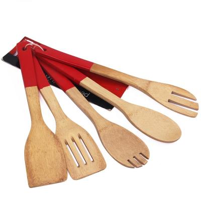 China Sustainable eco friendly bamboo cookware set of 5 kitchen utensils with color handle for sale