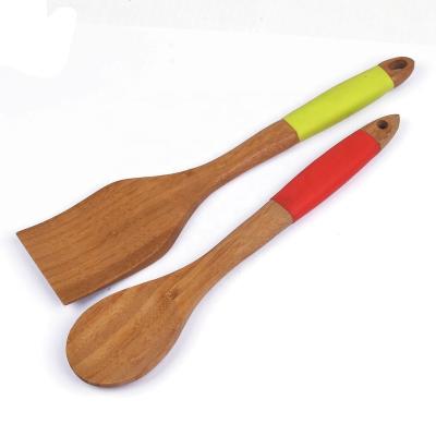 China Viable Wholesale Quality Kitchen Bamboo Utensils Set With Silicone for sale