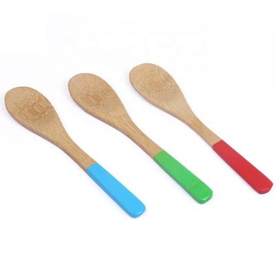 China Sustainable Reusable Wooden Spoon Baby Kids Bamboo Spoon With Color Handle for sale