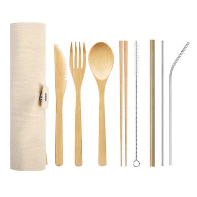 China Sustainable Biodegradable Bamboo Straw Toothbrush Spoon Fork Knife Cutlery Set With Pouch for sale