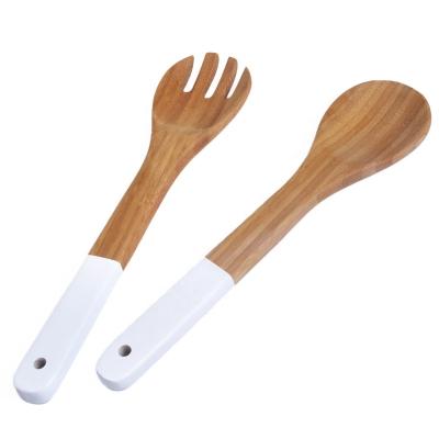 China Factory Supply Sustainable Wooden Salad Servers Bamboo Salad Fork And Spoon With Color Handle for sale