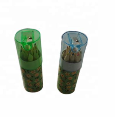 China 12pcs 3.5inch School Drawing Nature Wooden Colored Pencil In Full Color Printing Paper Tube With Sharpener for sale