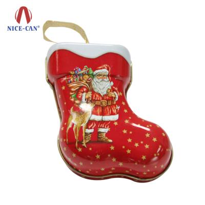 China Recyclable Nice-can Christmas Boot Shape Candy Tin Box For Christmas Tree Decoration for sale