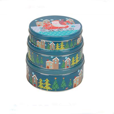 China Christmas Tins Unique 3 Round Metal Christmas Gift Set Tin Box Cake Cookie Biscuit Tin Can for sale