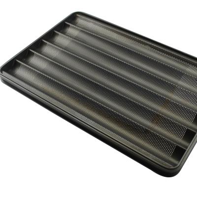 China Aluminum 8 Grooves Aluminum Perforated Non Stick Baguette Tray French Bread Baking Mold Tray 60*80 for sale