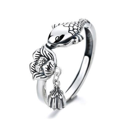 China FASHIONABLE Retro Silver S925 Silver Fortune Carp Lotus Tassel Adjustable Food Ring Female National Couples Ring Jewelry for sale