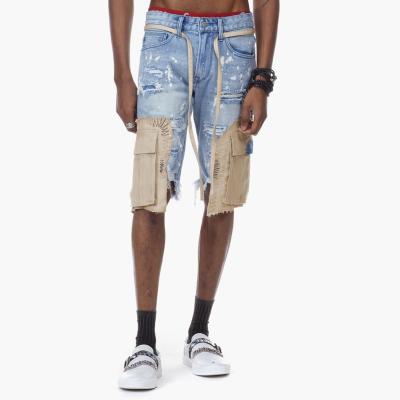 China Anti-wrinkle hot shot the streets denim short pants boys cargo pockets with distressed effect and zigzag stitch black denim shorts men for sale