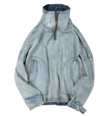 China Fashionable Casual Sustainable OEM Vintage Men's Oversized Loose Pullover Zipper Collared Long Sleeve Jeans Jacket Light Blue Coat for sale