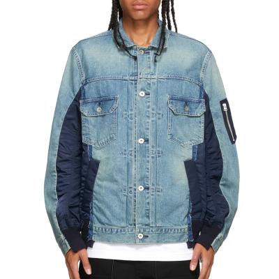 China Anti-wrinkle Zippered Bomber Jacket Pocket Long Sleeve Panel Nylon Satin Non-stretch Denim Jacket For Men for sale