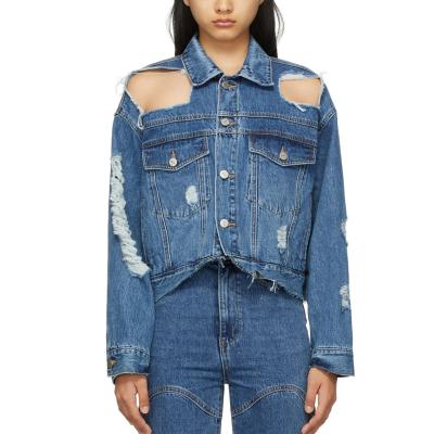 China New Raw Blue Design Anti-wrinkle Edge Edge Non-stretch Denim Damaged Jacket For Women for sale