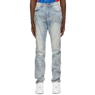 China Customsized Anti-wrinkle High Street Non-stretch Slim Fit Mens Jeans Leather Logo Patch &Studs Jeans Men for sale