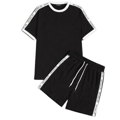 China Custom Wholesale Anti-wrinkle fashion logo contrast side stripe design summer men's t-shirts and shorts 2 pieces set for sale