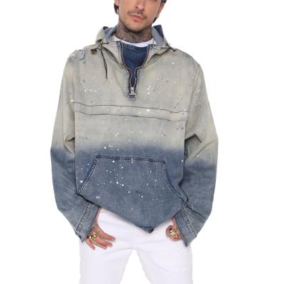 China Kangaroo pocket unique dyed craft men's denim Anti-wrinkle loose hoodie 3/4 zipper narrow denim hoodie men for sale