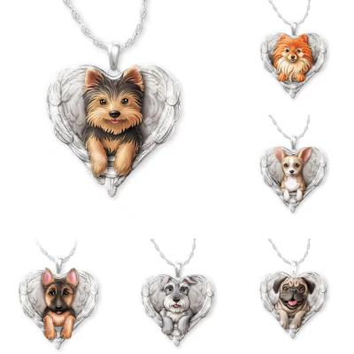 China Fashion Cute Cute Heart Angel Wing Necklace Dog Necklace Woman Animal Pendant Necklace for sale