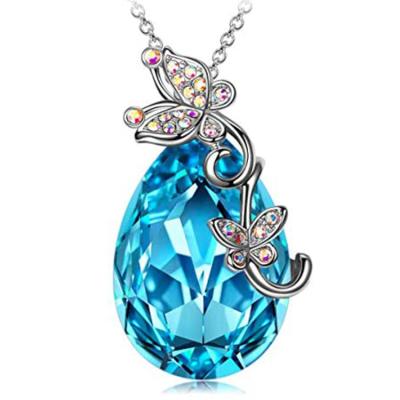 China Romantic Ladies Teardrop Shaped Blue Crystal Necklace Women Butterfly Crystal Necklace for sale